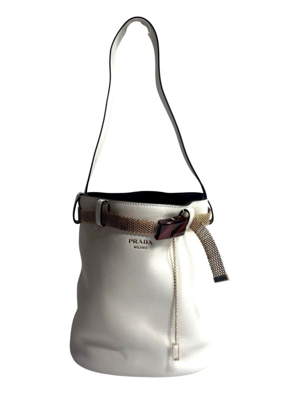 Prada Buckle Leather Bucket Bag with Jeweled Belt in Bianco